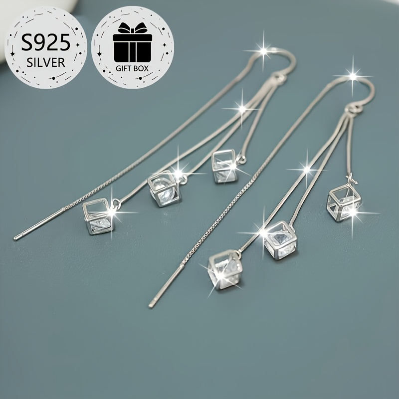 925 Silver Tassel Three Cube Drop Earrings for Women